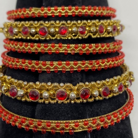 Set of 6 Red Stone and Gold Bangle Bracelets - Picture 2 of 4